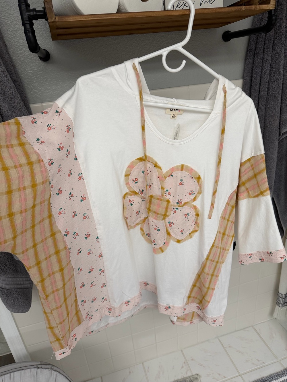 BiBi White Tunic Hoodie with Pink Floral & Yellow Plaid Patchwork